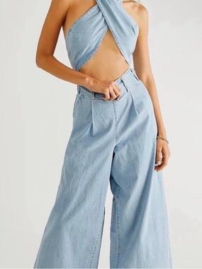Free People Sasha We The Free Light Blue Denim Jumpsuit